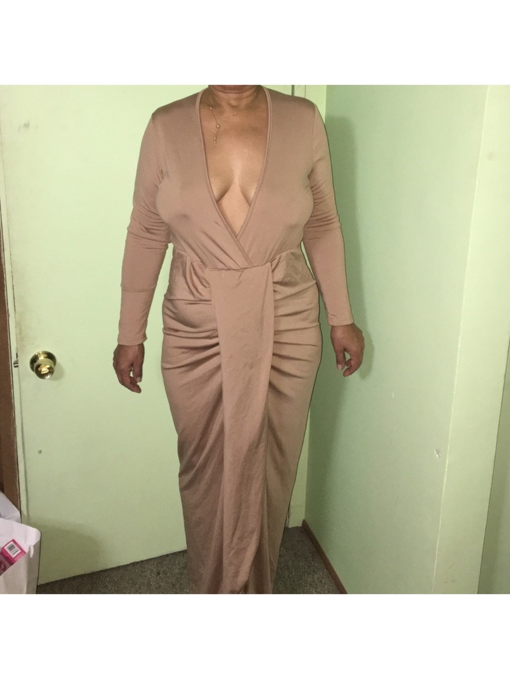 Nude Long Sleeve Plunge Wrap Maxi Dress